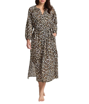 Tommy Bahama Leopard Print V-Neck Long Sleeve Belted Button Front Duster Swim Cover-Up