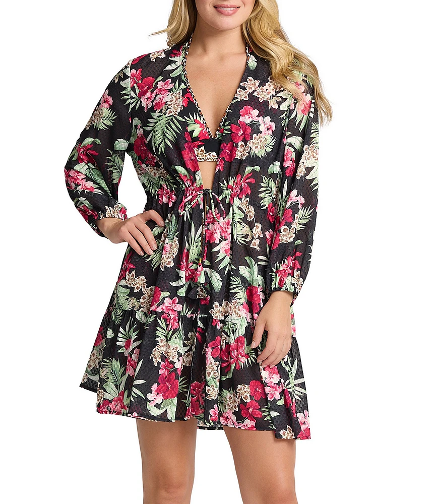 Tommy Bahama Lily Cat Floral Print Long Sleeve Open Front Tunic Swim Cover-Up