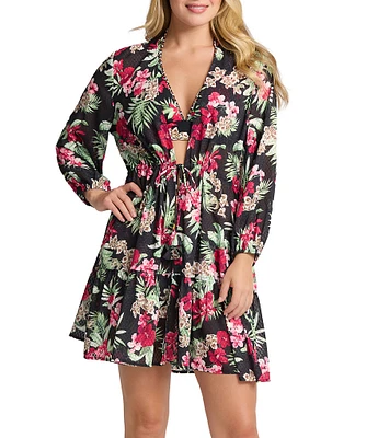 Tommy Bahama Lily Cat Floral Print Long Sleeve Open Front Tunic Swim Cover-Up