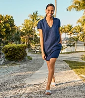 Tommy Bahama Linen Blend Johnny Collar Short Sleeve Side Pocket Shirt Dress