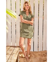 Tommy Bahama Linen Blend Johnny Collar Short Sleeve Side Pocket Shirt Dress