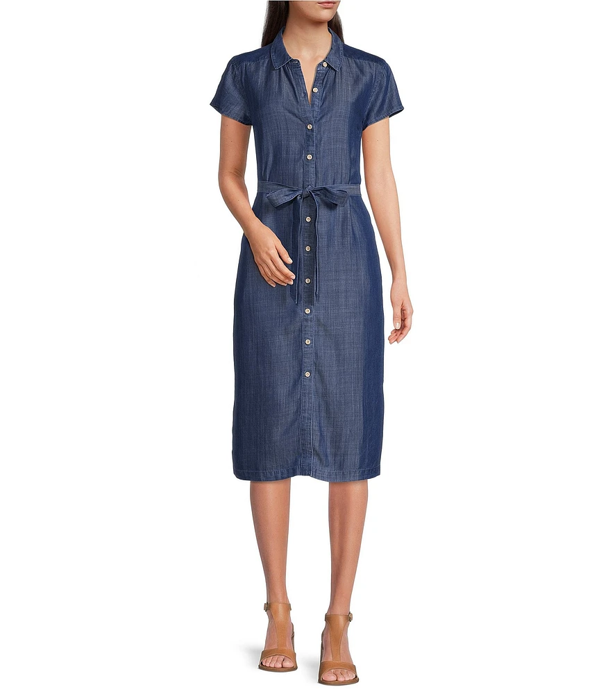 Tommy Bahama Mission Beach Soft Twill Point Collar Cap Sleeve Button Front Self-Tie Belt Shirt Dress