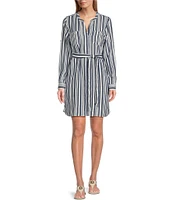 Tommy Bahama Mission Beach Stripe Print Woven Split V-Neck Long Sleeve Roll-Tab Belted Midi Shirt Dress