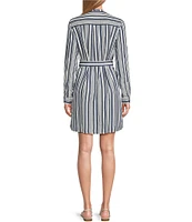 Tommy Bahama Mission Beach Stripe Print Woven Split V-Neck Long Sleeve Roll-Tab Belted Midi Shirt Dress