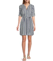 Tommy Bahama Mission Beach Stripe Print Woven Split V-Neck Long Sleeve Roll-Tab Belted Midi Shirt Dress