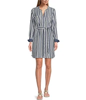 Tommy Bahama Mission Beach Stripe Print Woven Split V-Neck Long Sleeve Roll-Tab Belted Midi Shirt Dress