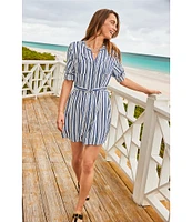 Tommy Bahama Mission Beach Stripe Print Woven Split V-Neck Long Sleeve Roll-Tab Belted Midi Shirt Dress