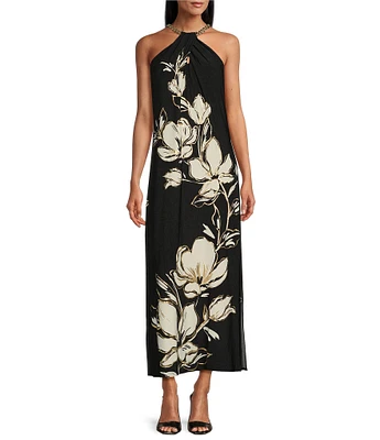 Tommy Bahama Noche Mar Carmela Floral Print A-Line Chain Halter Neck Sleeveless UPF 30 Maxi Dress