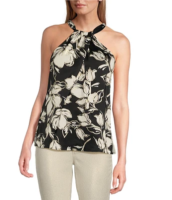 Tommy Bahama Noche Mar Floral Foiled Satin Halter Neck Sleeveless Top