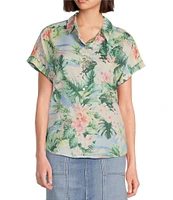Tommy Bahama Ocean Vida Tropical Floral Printed Silk Spread Collared Short Sleeve Button Front Shirt