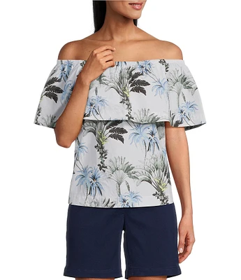 Tommy Bahama Palisade Tropical Palm Poplin Plain Weave Off-The-Shoulder Ruffle Top