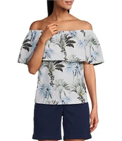Tommy Bahama Palisade Tropical Palm Poplin Plain Weave Off-The-Shoulder Ruffle Top
