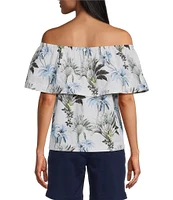 Tommy Bahama Palisade Tropical Palm Poplin Plain Weave Off-The-Shoulder Ruffle Top