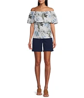 Tommy Bahama Palisade Tropical Palm Poplin Plain Weave Off-The-Shoulder Ruffle Top