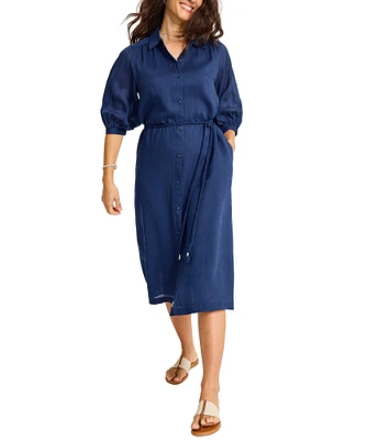 Tommy Bahama Palm Breeze Spread Collar Long Sleeve Button Front Tassel Belt Midi Shirt Dress