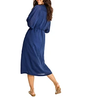 Tommy Bahama Palm Breeze Spread Collar Long Sleeve Button Front Tassel Belt Midi Shirt Dress