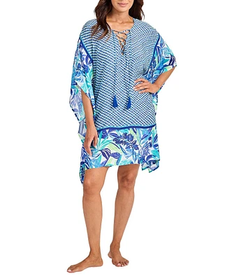 Tommy Bahama Palm Modern Mosaic Lace-Up V-Neck Short Tunic Swim Cover-Up
