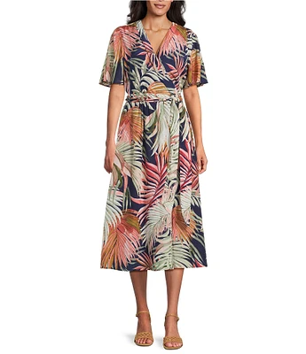 Tommy Bahama Palm Tropical Canyon Short Sleeve V-Neck Faux Wrap Midi Dress