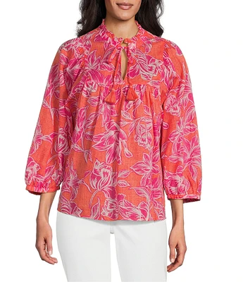 Tommy Bahama Paradiso Petals Cotton Poplin Plainweave Ruffle Neck 3/4 Sleeve Tassel Tie Top