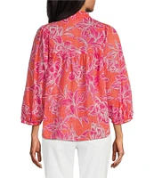 Tommy Bahama Paradiso Petals Cotton Poplin Plainweave Ruffle Neck 3/4 Sleeve Tassel Tie Top