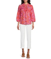 Tommy Bahama Paradiso Petals Cotton Poplin Plainweave Ruffle Neck 3/4 Sleeve Tassel Tie Top