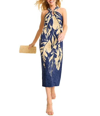 Tommy Bahama Regal Fronds Carmela Leaf Print Gold Hardware Halter Neck Sleeveless Midi Dress