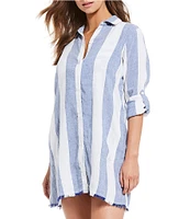 Tommy Bahama Rugby Beach Striped Print Boyfriend Cover-Up Shirt