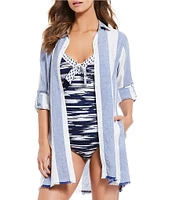 Tommy Bahama Rugby Beach Striped Print Boyfriend Cover-Up Shirt
