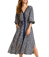 Tommy Bahama Safari Spots 3/4 Sleeve V-Neck Midi Dress