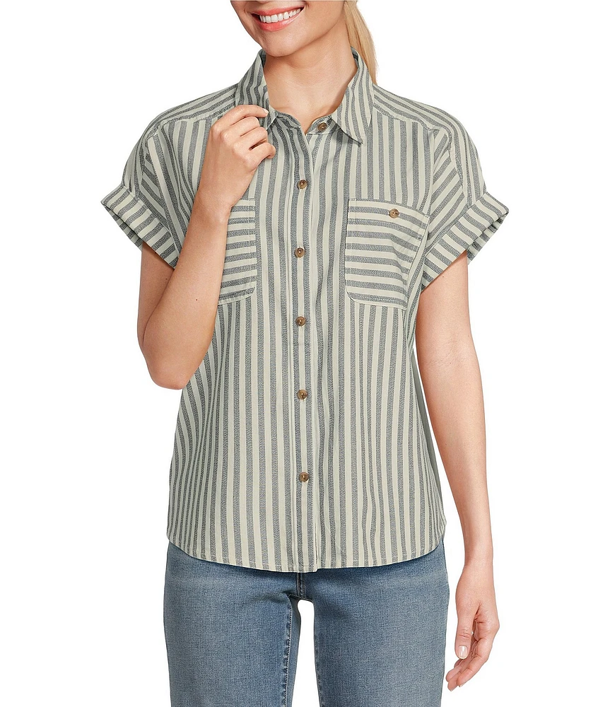 Tommy Bahama Seaway Breeze Stripe Point Collar Short Sleeve Chest Pocket Shirt