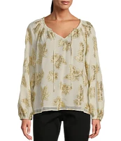 Tommy Bahama Shimmering Shores Metallic Jacquard Peasant Tie Crew Neck Long Sleeve Popover Top