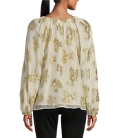 Tommy Bahama Shimmering Shores Metallic Jacquard Peasant Tie Crew Neck Long Sleeve Popover Top