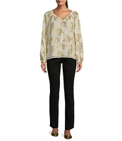 Tommy Bahama Shimmering Shores Metallic Jacquard Peasant Tie Crew Neck Long Sleeve Popover Top