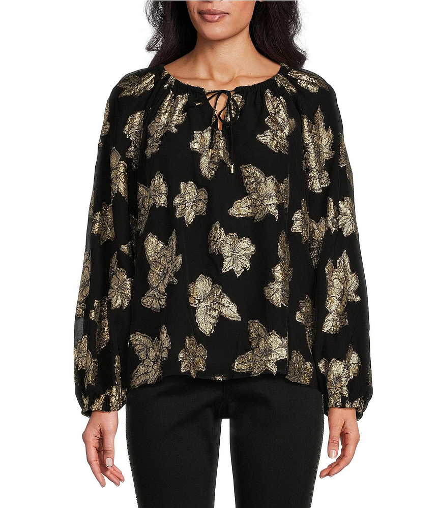 Tommy Bahama Shimmering Shores Metallic Jacquard Peasant Tie Crew Neck Long Sleeve Popover Top