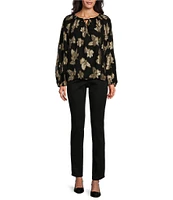 Tommy Bahama Shimmering Shores Metallic Jacquard Peasant Tie Crew Neck Long Sleeve Popover Top