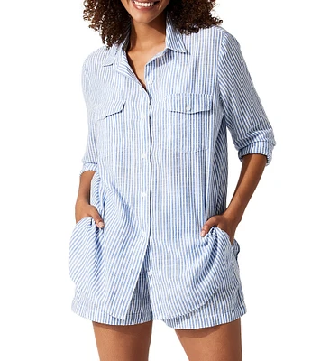 Tommy Bahama Shore Stripe Point Collar Flap Pocket Button Front Swim Shirt Cover-Up