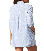 Tommy Bahama Shore Stripe Point Collar Flap Pocket Button Front Swim Shirt Cover-Up