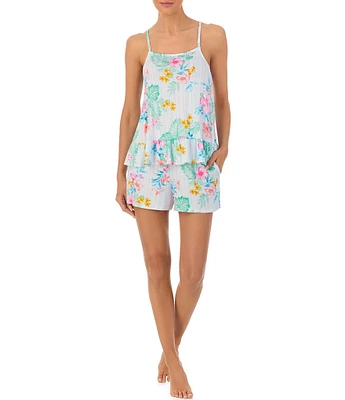 Tommy Bahama Sleeveless Strappy Square Neck Ruffle Hem Short Floral Striped Knit Pajama Set