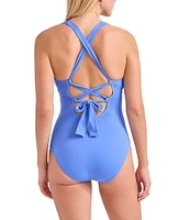 Tommy Bahama Solid Novelty Pearl V-Neck Tummy Control One Piece Swimsuit