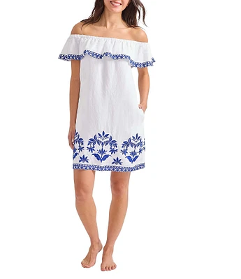 Tommy Bahama St. Lucia Embroidered Ruffle Off-The-Shoulder Neck Swim Cover-Up Dress