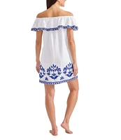 Tommy Bahama St. Lucia Embroidered Ruffle Off-The-Shoulder Neck Swim Cover-Up Dress