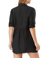 Tommy Bahama St. Lucia Point Collar Short Roll-Tab Sleeve Fray Hem Button Front Boyfriend Swim Cover Up
