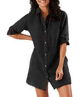 Tommy Bahama St. Lucia Point Collar Short Roll-Tab Sleeve Fray Hem Button Front Boyfriend Swim Cover Up