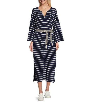 Tommy Bahama Sun Harbor Caftan V-Neck 3/4 Sleeve Tassel Self-Tie Midi Dress