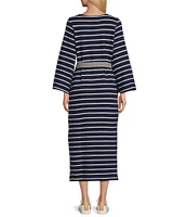 Tommy Bahama Sun Harbor Caftan V-Neck 3/4 Sleeve Tassel Self-Tie Midi Dress