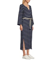 Tommy Bahama Sun Harbor Caftan V-Neck 3/4 Sleeve Tassel Self-Tie Midi Dress