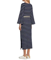 Tommy Bahama Sun Harbor Caftan V-Neck 3/4 Sleeve Tassel Self-Tie Midi Dress