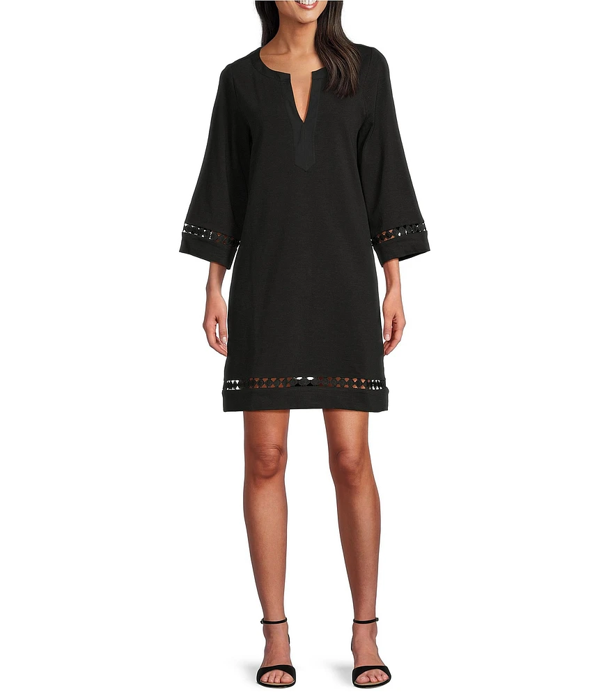 Tommy Bahama Sunset Harbor Solid Cotton Slub Jersey Split V-Neck Bell Sleeves Embroidered Trim A-Line Dress