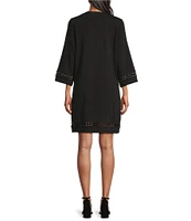 Tommy Bahama Sunset Harbor Solid Cotton Slub Jersey Split V-Neck Bell Sleeves Embroidered Trim A-Line Dress