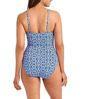 Tommy Bahama Terrazzo Tile V-Neck Tie Beaded Tassel Tummy Control One Piece Swimsuit